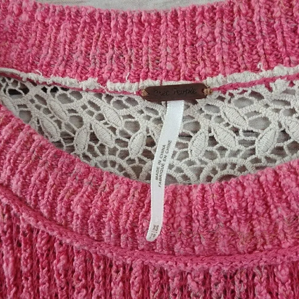 Free People Womens Lace Back Embroidered Sweater Top Pink XS